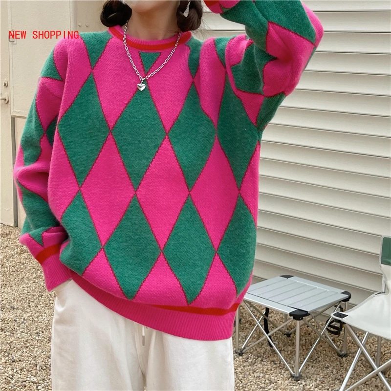 

Sweet Autumn Winter Sweaters Women Geometric Pattern Argyle Pullovers Loose Oversized O-Neck Knitted Sweaters Woman Jumper Mujer