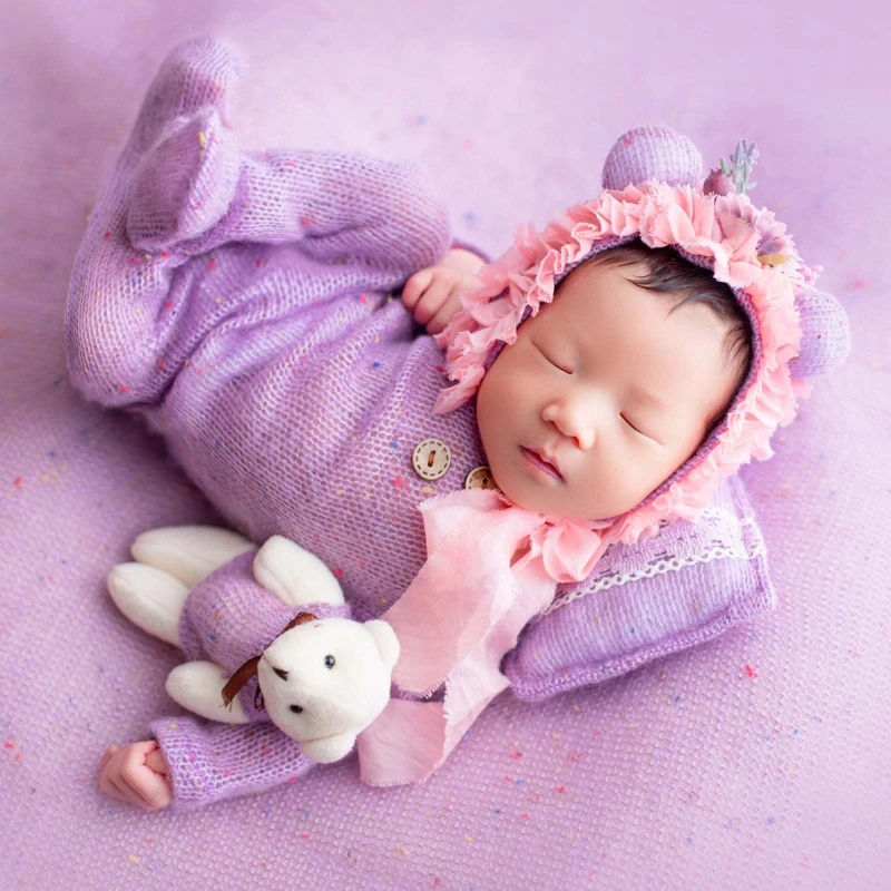 4 Pcs/Set Baby Clothes Newborn Photography Props Baby Romper Jumpsuit Hat Pillow Set With Cute Bear Doll Photo Shooting Outfits