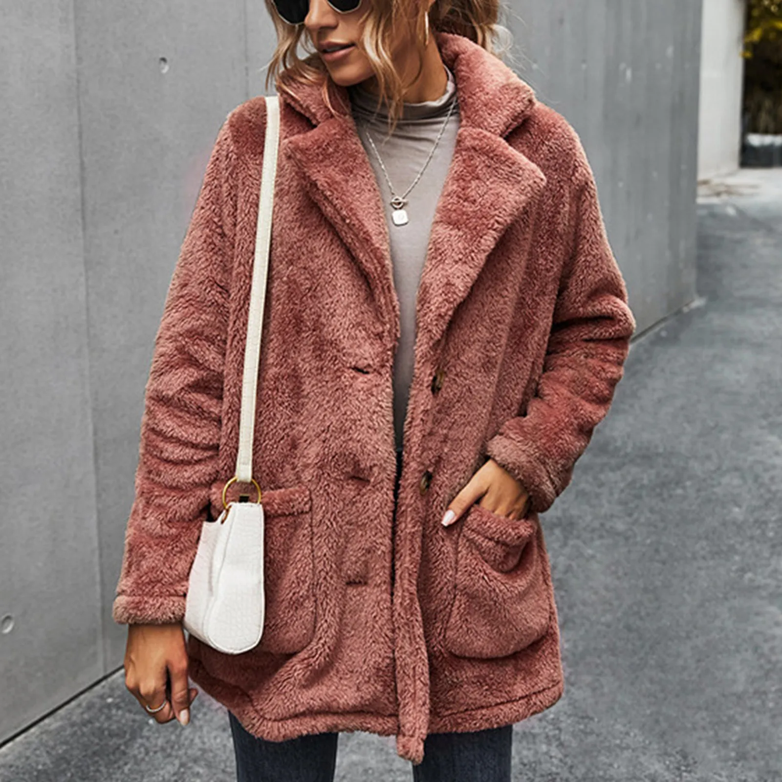 Осенне-зимняя женская куртка однотонное флисовое пальто с карманами и длинными