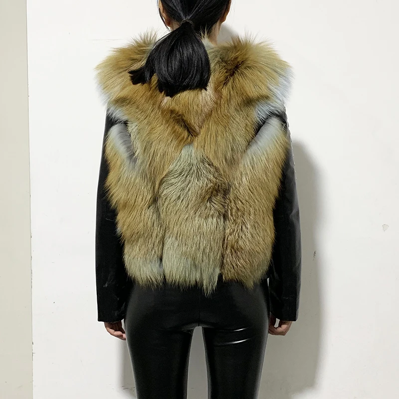Rf2055 короткие Стиль Натуральная овечья кожа куртка из меха черно бурой лисицы