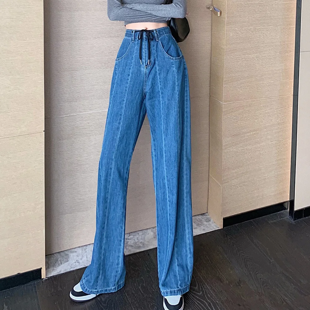 

Fashion Womens Jeans Autumn New 2021 Solid Color Temperament Casual Korean High Waist Drawstring Long Simplicity Jeans