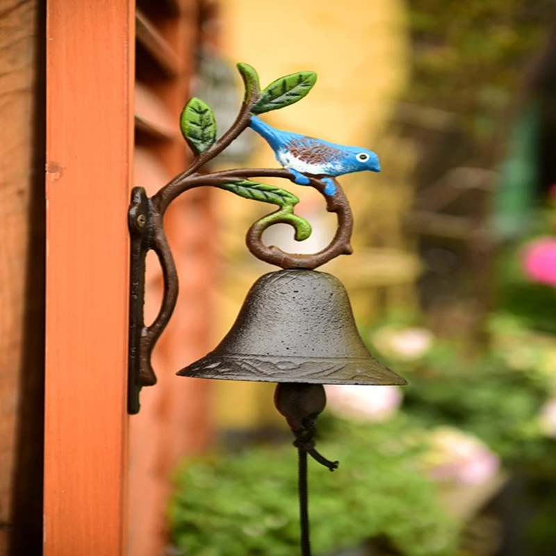 Campanilla de mano de hierro fundido montada en la pared, decoraci&oacute;n Vintage hecha a mano para el hogar y el jard&iacute;n-3
