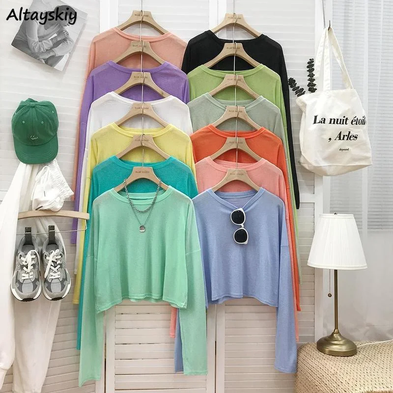 

Футболки с длинным рукавом женская летняя Солнцезащитная все-матч однотонная женская обувь на каждый день, раздел-Верхняя одежда Базовая к...