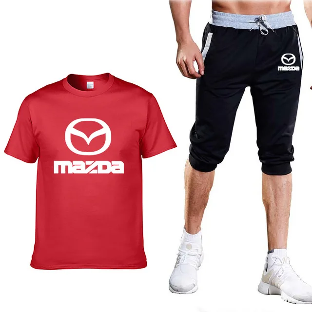 

Summer Men's Suit for Mazda Car Logo casual Cotton Mens Short Sleeve Crew neck Simple atmosphere Mens T-Shirt Pants Suit 2Pcs w