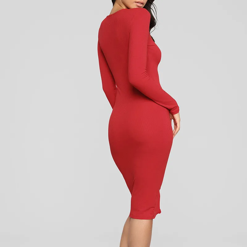 

Vintage Bodycon Office Dress Femme Robe Jurken Feminina Autumn Winter Outwear Party Sexy Dress Buttons Knee-Length M0078