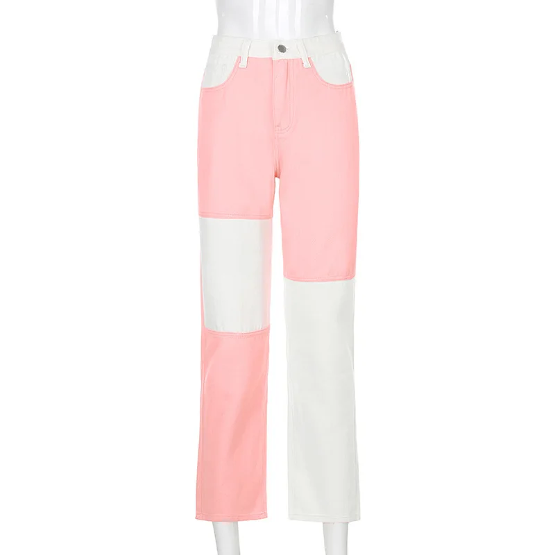 

fashion street hipster women feel high-waisted stitching hit color straight body slim jeans women 2021 autumn.