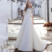 bateau neck half sleeves lace a line wedding dresses 2020 modest satin bridal gowns new design long with button back