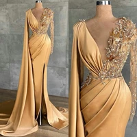 2021 champagne satin evening dresses for women beaded v neck high split mermaid prom party gowns long wrap formal robe de soir%c3%a9e