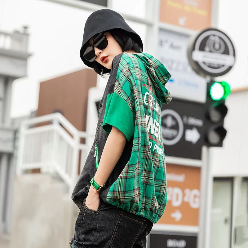 Куртка женская в клетку Max LuLu повседневная с капюшоном стиле пэчворк Корейском на