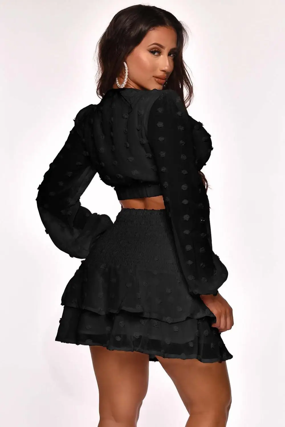 

Ladies Fashion Mesh Lace Two-piece Long-sleeved Cardigan Slim-up Upper Outer Garment Short Skirt Suit Beach Nightclub Apparel