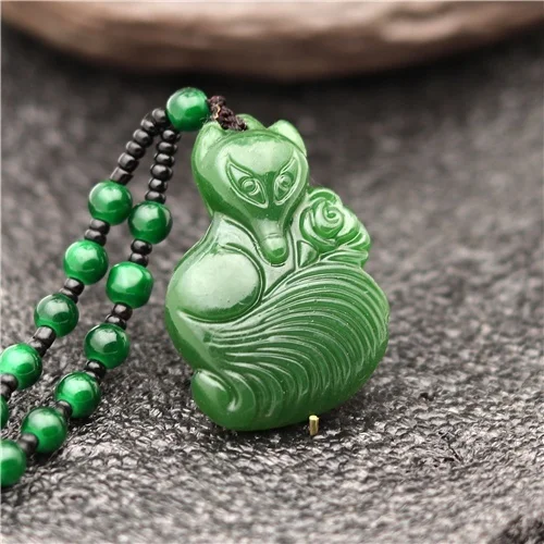 Подвеска с натуральным зеленым камнем лисой и розой кулон из нефрита Китайский
