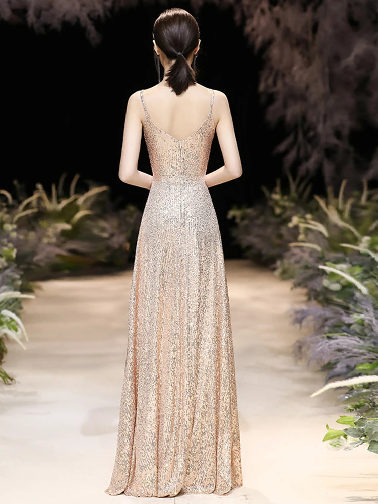 

Sleeveless Suspender Shinning Evening Dress A-line Sequins Champagne Gold Party Dress Elegant Floor Length Full Prom Gowns