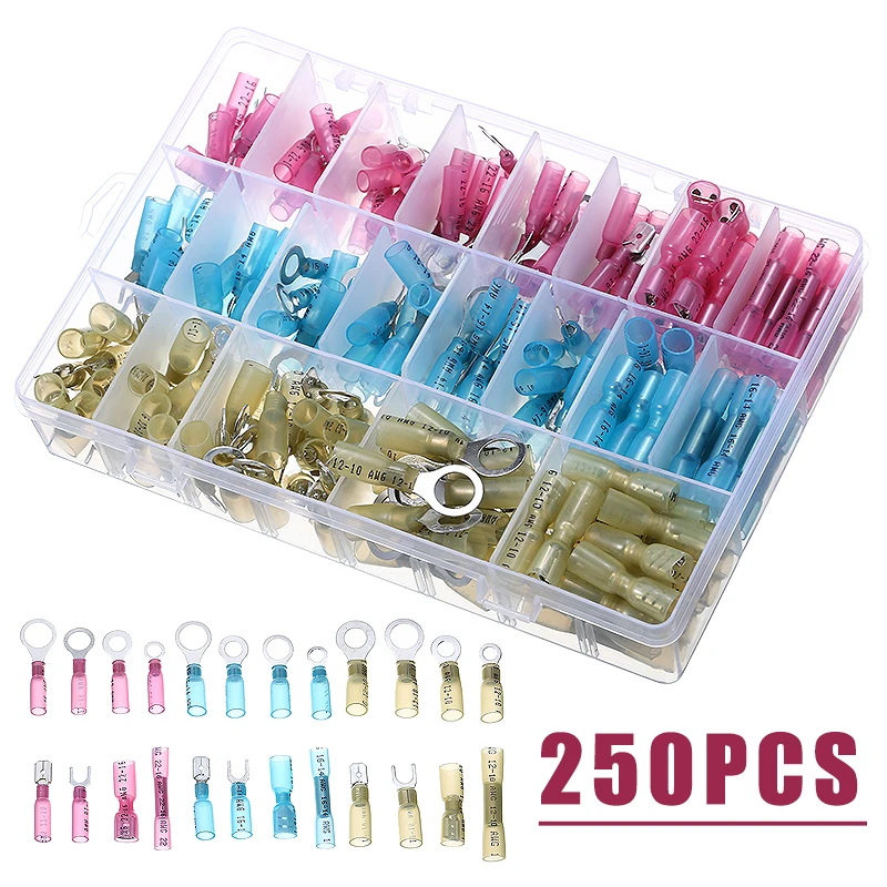 

Набор термоусадочных соединителей для проводов, 250 шт., электрические изолированные обжимные кольца, стыковые автомобильные клеммы