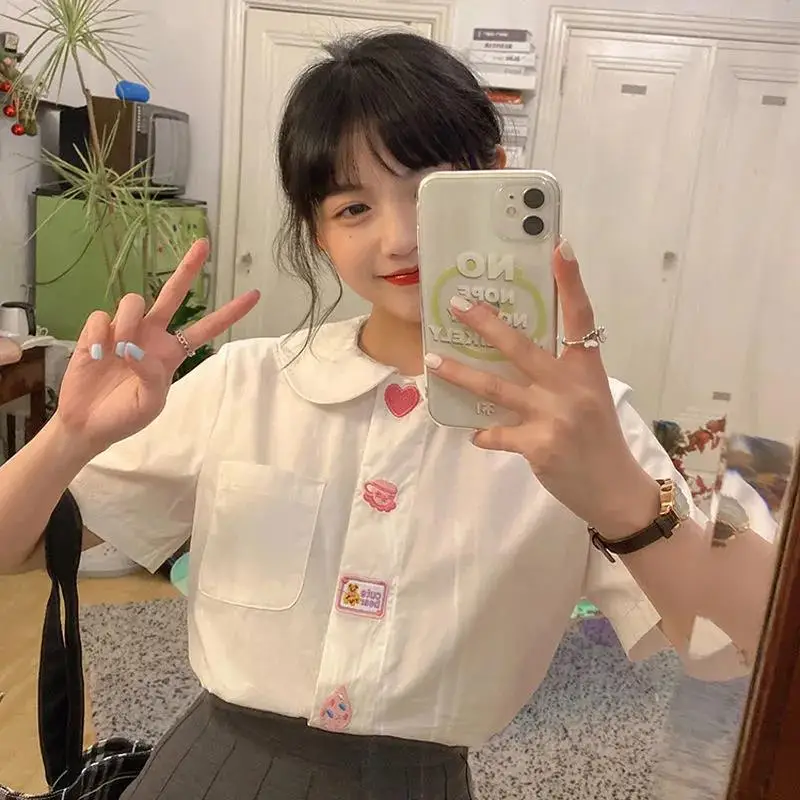 

White Cute Shirt Funny Summer Loose Kawaii Embroidery Shirt Women Gothic Hip Hop Tops Harajuku Clothes Half Sleeve Basic Shirt