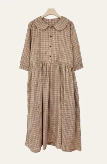 apricot dress Хлопковые винтажные платья женские новые повседневные милые консервативный стиль Корея Япония линия Питер Пэн воротник клетчатая рубашка платье 9012 - Цвет: apricot dress