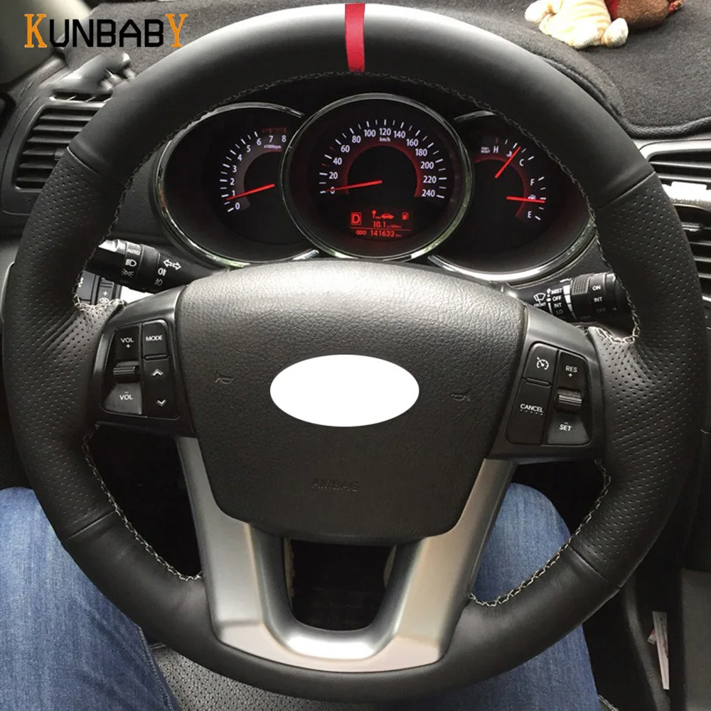 KUNBABY Black Genuine Leather Car Steering Wheel Cover Red Marker on Top for Kia Sorento 2009-2014 Cadenza K7 2011-2015 | Автомобили и