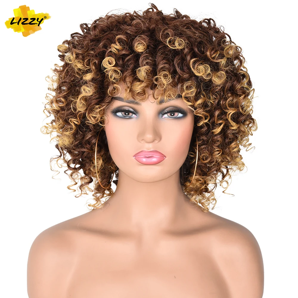 Pelucas Afro rizadas de 14 pulgadas, peluca corta sintética con flequillo mezclado, marrón y Rubio, Cosplay para Mujeres Negras/blancas, Lizzy Hiar