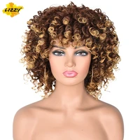 14inch afro kinky curly wigs synthetic short wig with bangs mixed brown and blonde cosplay wig for blackwhite women lizzy hiar