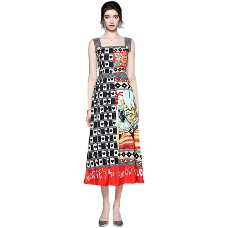 

2021 summer new fashion runway holiday elegant dress ladies square neck thin and large print suspender dress