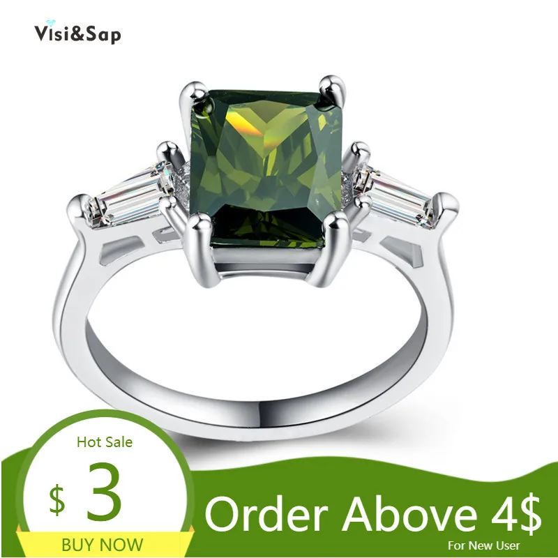 Женское кольцо с цирконом Visisap оливковое зеленое цвета белого золота для