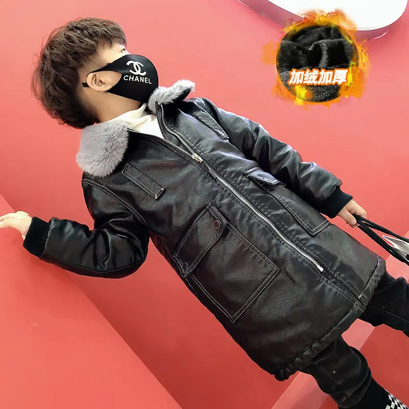 

Детская куртка на хлопковом наполнителе для мальчиков, Детская длинная толстая куртка из искусственной кожи, плюшевая бархатная Толстая ко...