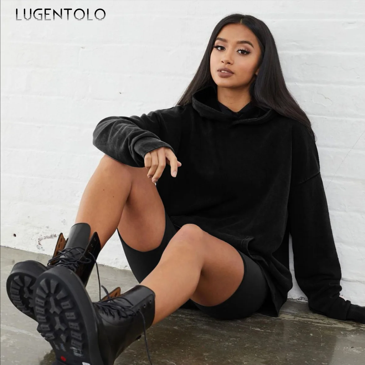 

Women Two Piece Set Autumn Hooded Long-Sleeved Top Solid Sports Set Short Pants Female Casual Sets Lugentolo