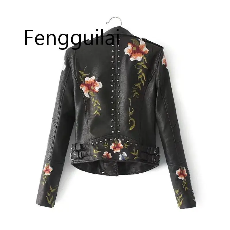 

FENGGUILAI New Fashion 2019 Autumn Flower Embroidery Rivet Zipper Pu Leather Jacket Slim Short Cool Outerwear Coats Female