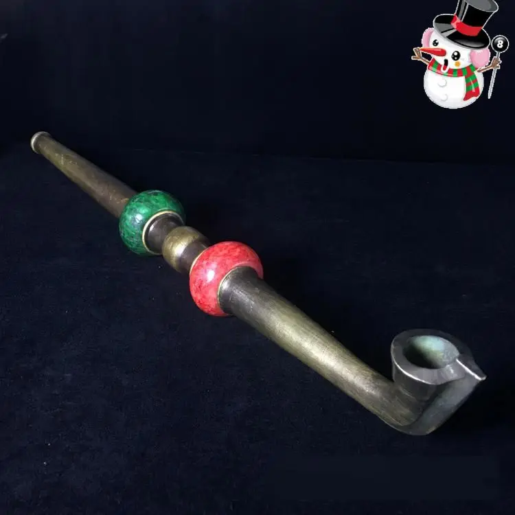 Vintage Pure copper Pipe Antique inlay red green jade archaic article collection | Дом и сад