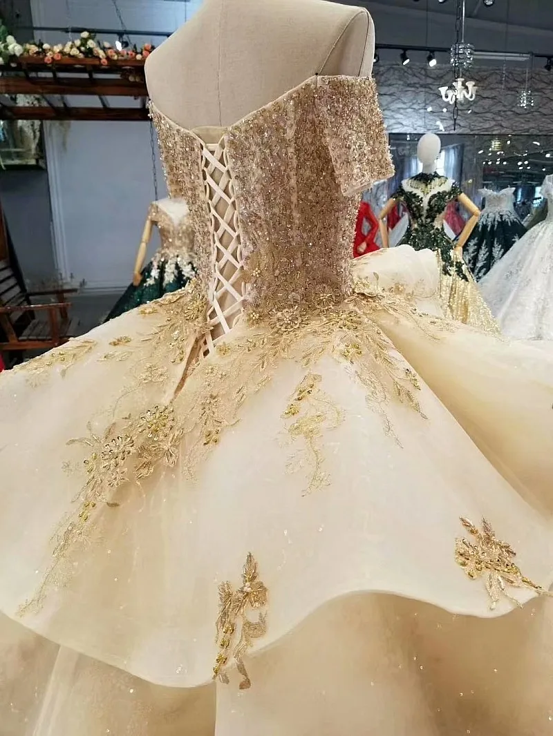 

BGW 21516ht Golden Lace Evening Dress Off Shoulder Boat Neck Short Sleeve Beads Crystal Luxury Evening Party Dress Abito Da Sera