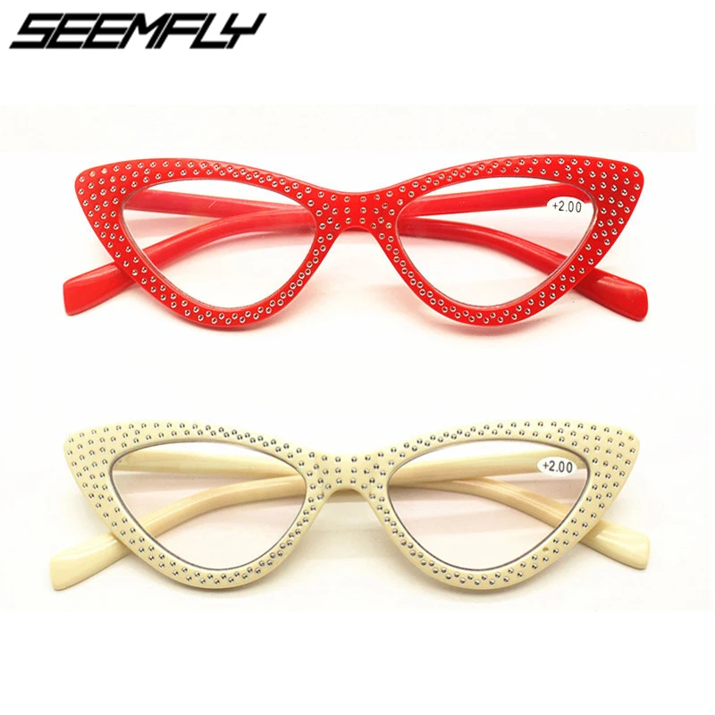 

Seemfly 2021 Diamond Ladies Elegant Cat Eye Reading Glasses Resin Lenses Women Presbyopic Eyewear Hyperopia Eyeglasses For Elder