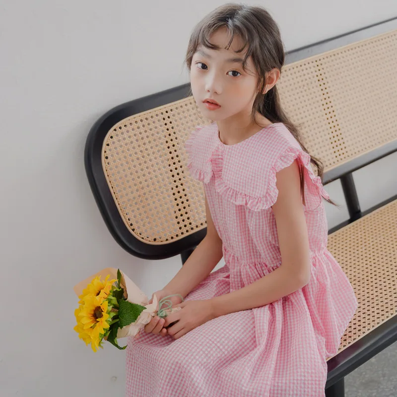 

Girls Summer Dress 2021 New Teenage Girls Korean Style Plaid Cotton Dresses Kids Cute Princess Dress Children Clothing, #8889