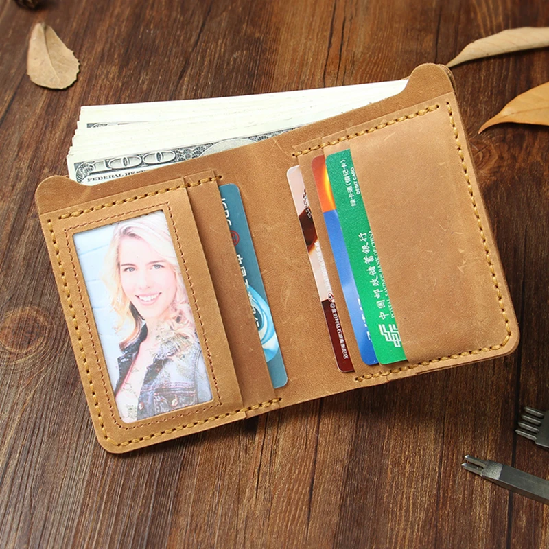 Crazy Horse Leather Handmade Vintage Men Wallet Bifold Short Simple Man Cash Purse Real Skin Classic Money Clip Credit Card Case | Багаж и