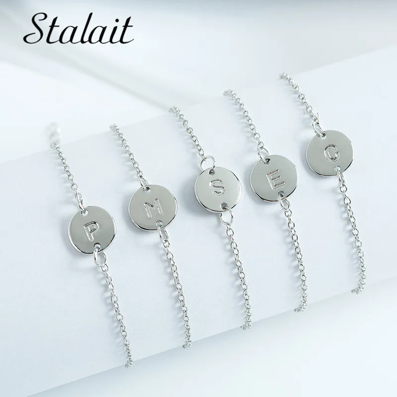 

Kpop Simple 26 Letters Round Sequin Bracelets&Bangle Charm Silver Color Chain Bracelets For Women Jewelry