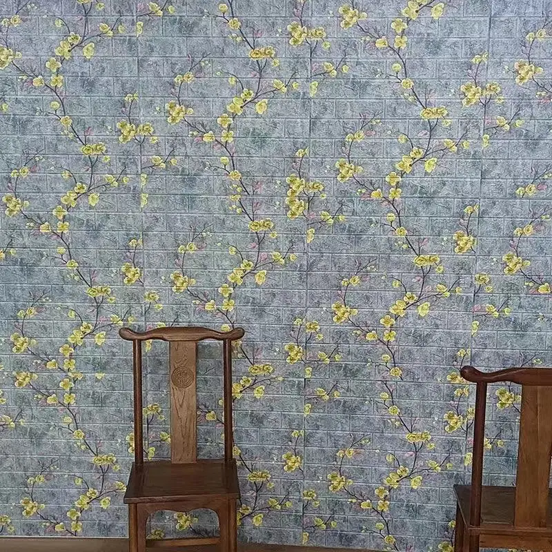 3D Brick Wallpapers Peach Blossom Pattern Foam Panel Chinese Style for Living Room Wall Decor Waterproof Self-adhesive Sticker |