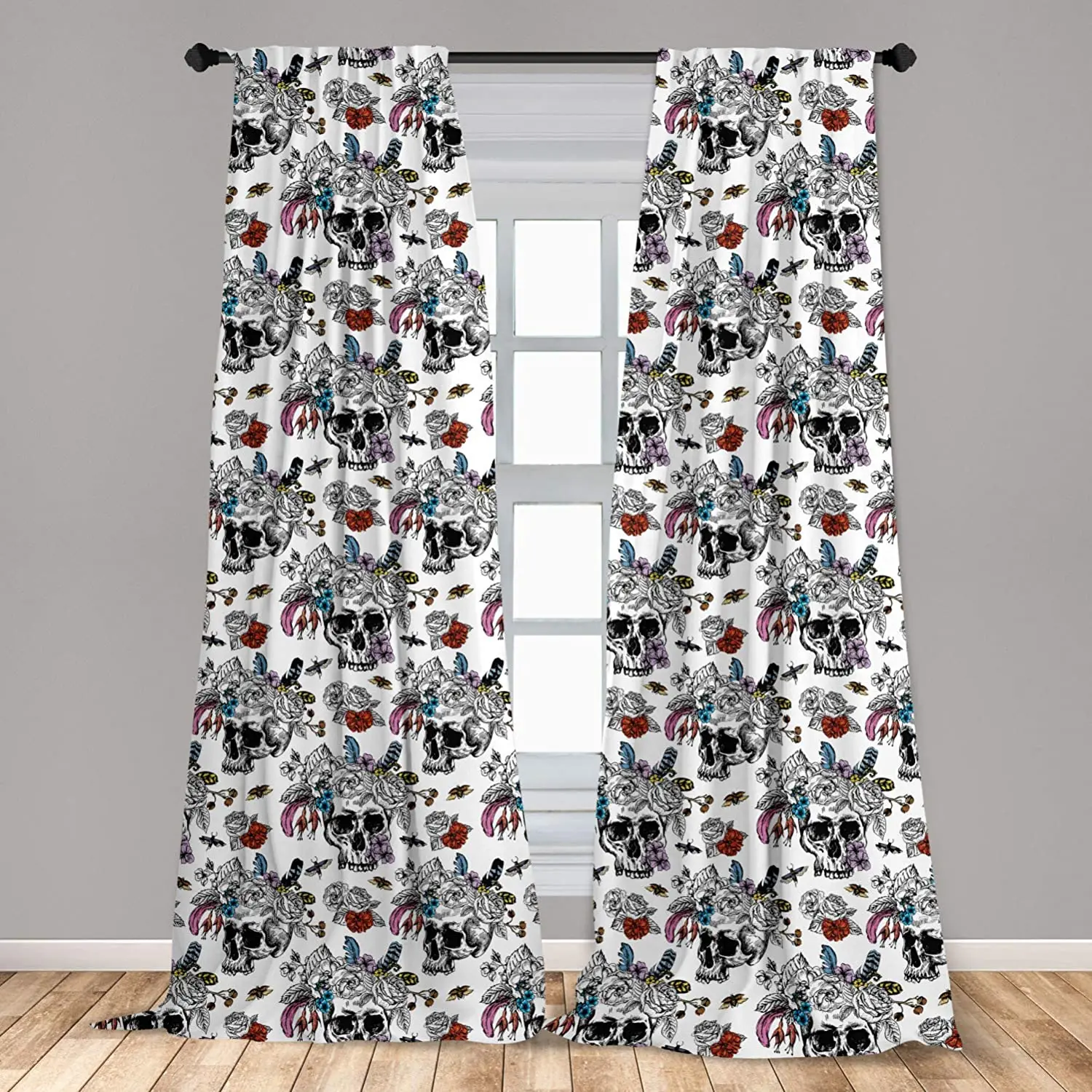 Gothic Window Curtains Day of The Dead Inspired Human Skulls Design with Colorful Flowers Mexican Tradition Curtain