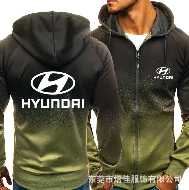 

2021 for HYUNDAI Car Logo Print Casual HipHop Harajuku Gradient color Hooded Mens Fleece Sweatshirts zipper Jacket