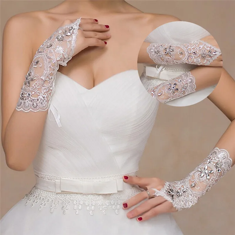 

1 Pair White/Red/Beige Bridal Gloves Elegant Short Paragraph Rhinestone White Lace Glove Beautiful Wedding Accessories