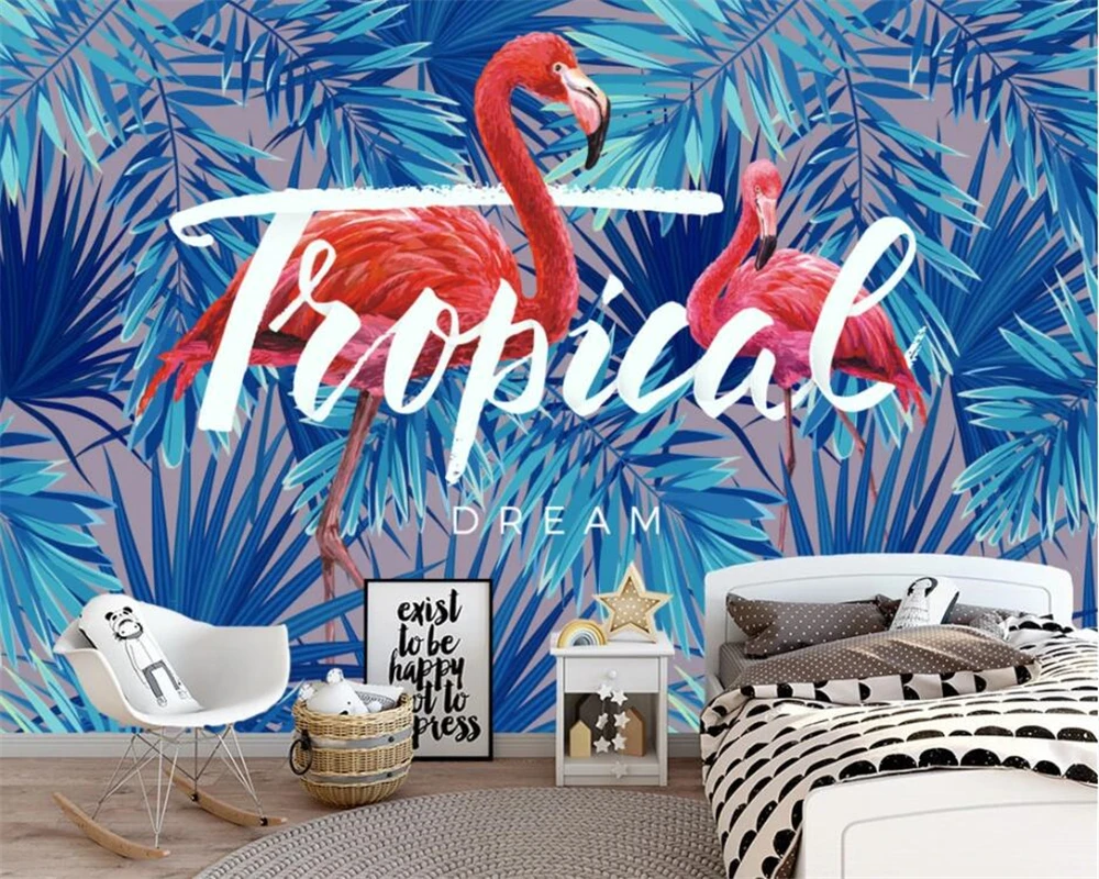 

beibehang Customized Tropical Plant Flamingo Leaf TV Background Modern New Chinese papel de parede 3d Wallpaper