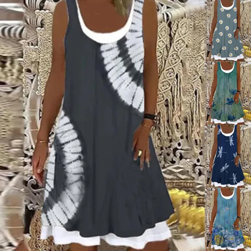

2021 Summer Women Fashion Loose Casual Sleeveless Floral Print Round Neck Splice Summer Dress