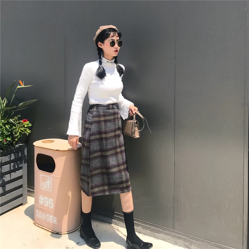 Клетчатая длинная юбка на осень и зиму утолщенная средней длины Женская с