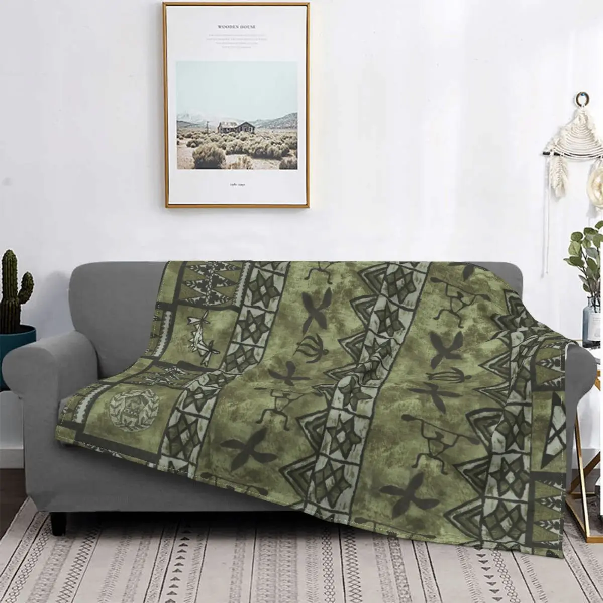 

Vintage Hawaiian Tapa Muted Green Blanket Flannel Portable Throw Blanket Sofa Throw Blanket Home Office Throws Bedspread Quilt