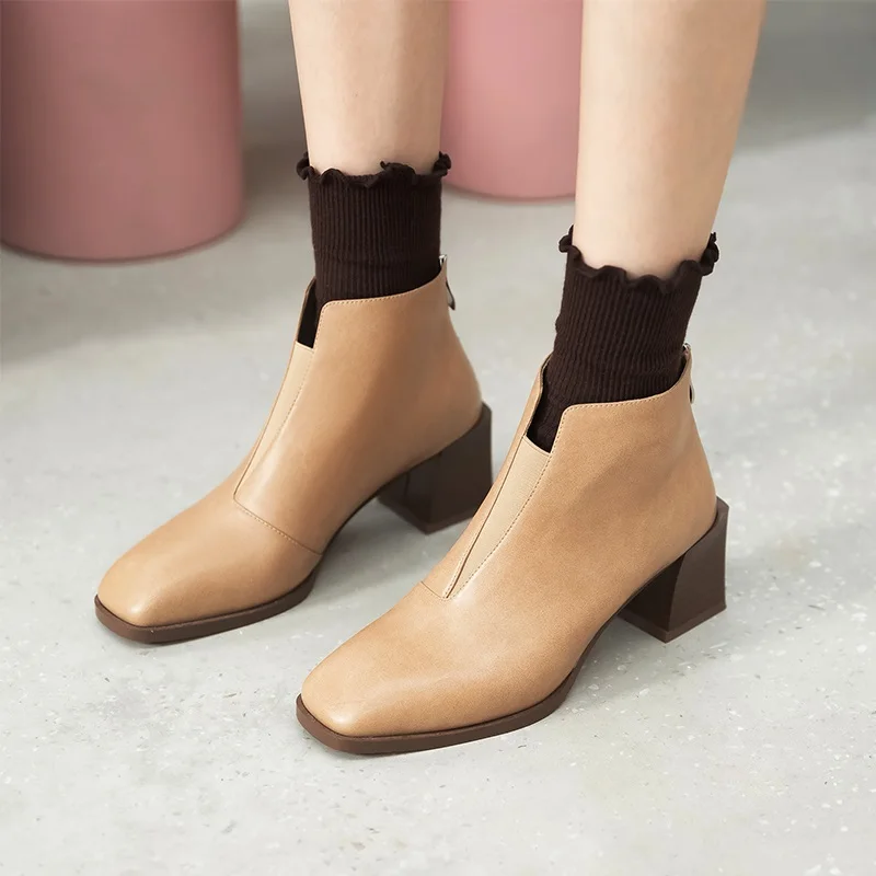 

classic office women ankle boots autumn winter square high heeled chelsea boots genuine leather retro back zipper shoes woman