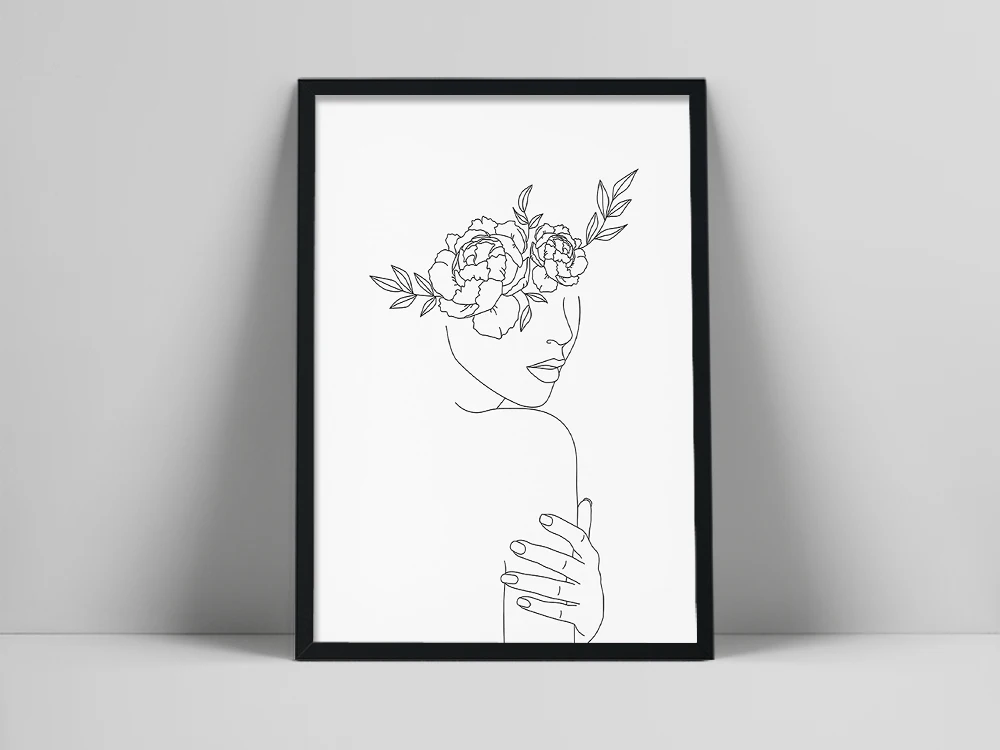 

Flower Head Art Print | Minimal Line Art | Floral Illustration | Single Line Sketch | Female Body Poster | Naked Woman Warm Col