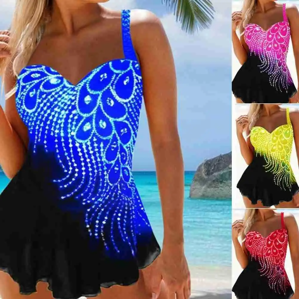 Ladies Swimsuit Feather Printing Hit Color Stitching Sexy Hot AliExpress Bikini Womail Split Women Self-cultivatio E8Q2 | Спорт и
