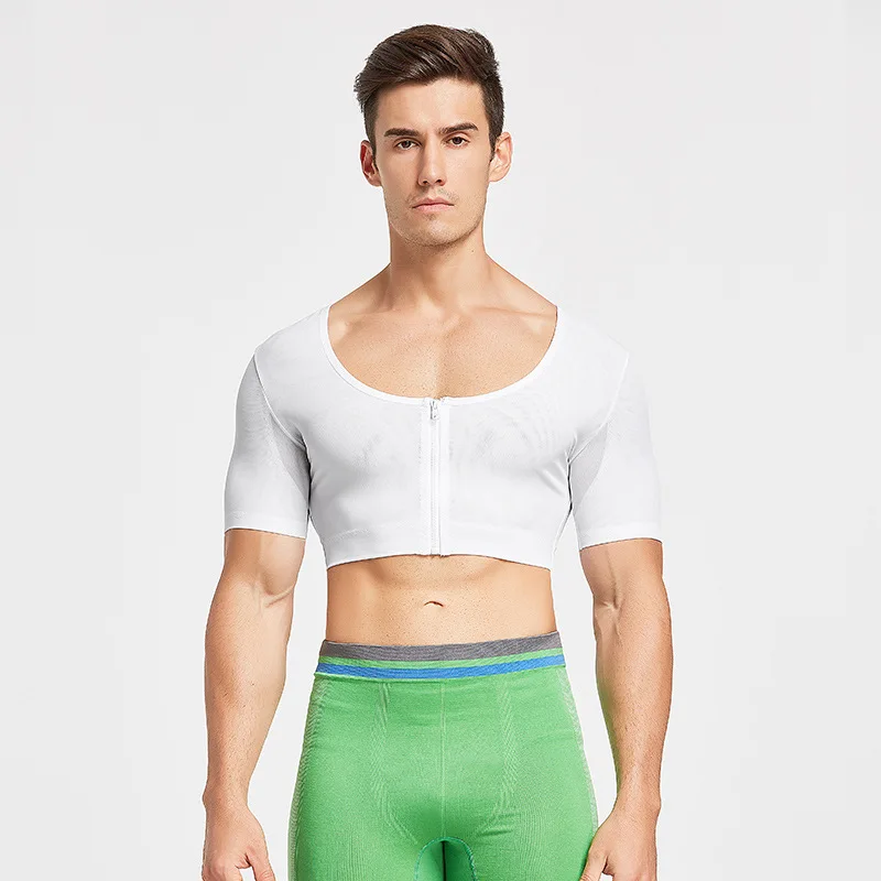 Fashion Mens Slimming Body Shaper Shapewear Chest Compression Shirt Workout Tops Undershirts Zipper Cross Back Tights T-Shirt |