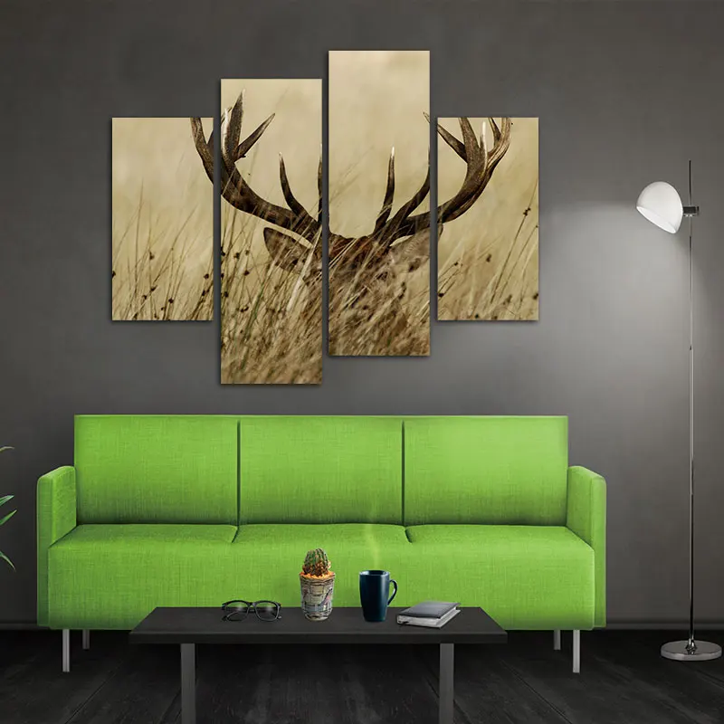 

4 Panels Animal Painting Deer Stag with Long Antler In The Bushes Print On Canvas Painting Wall Art Pictures for Living Room