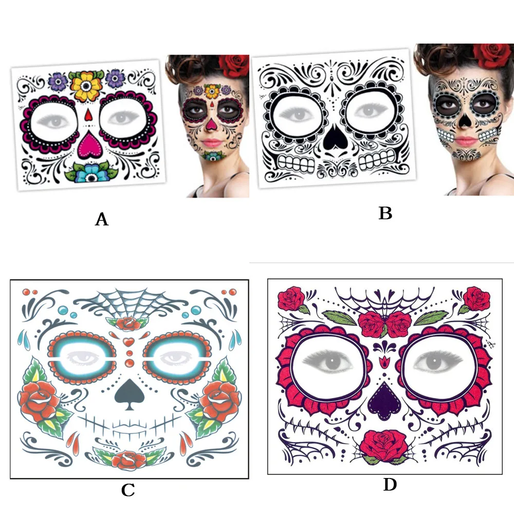 Временная тату наклейка 2 шт. День мертвых маска для лица татуировка с черепом