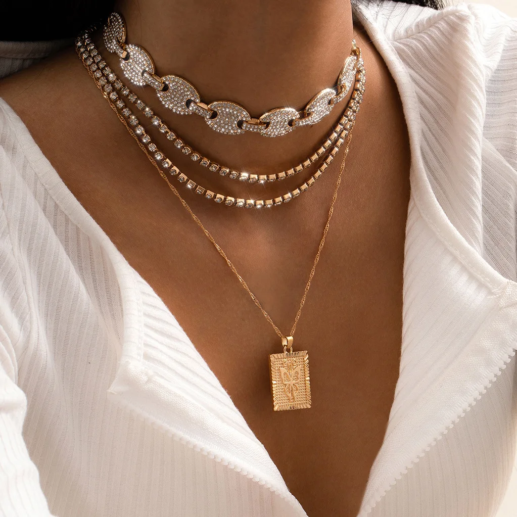 

New Retro Micro-inlaid Multi-layer Suit Women's Necklace Simple Full Diamond Twisted Cuban Chain Pendant Necklace Party Jewelry