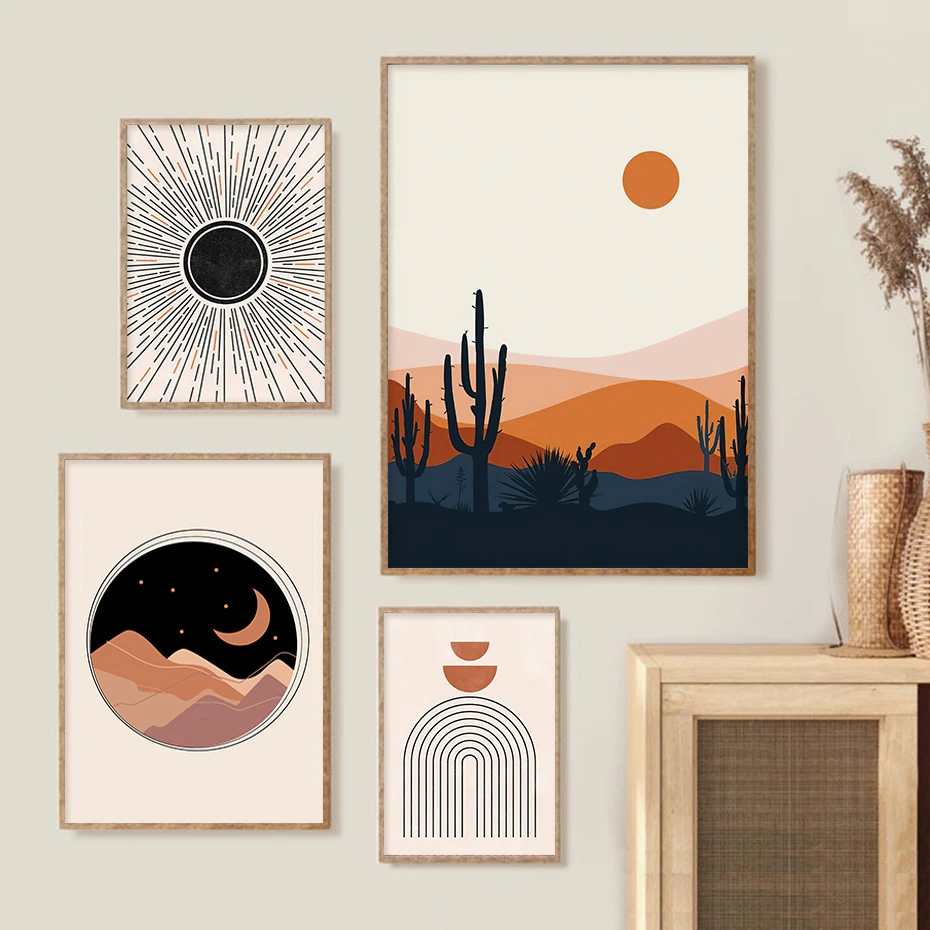 Фото Современный абстрактный постер среднего века в стиле бохо солнце луна пустыня