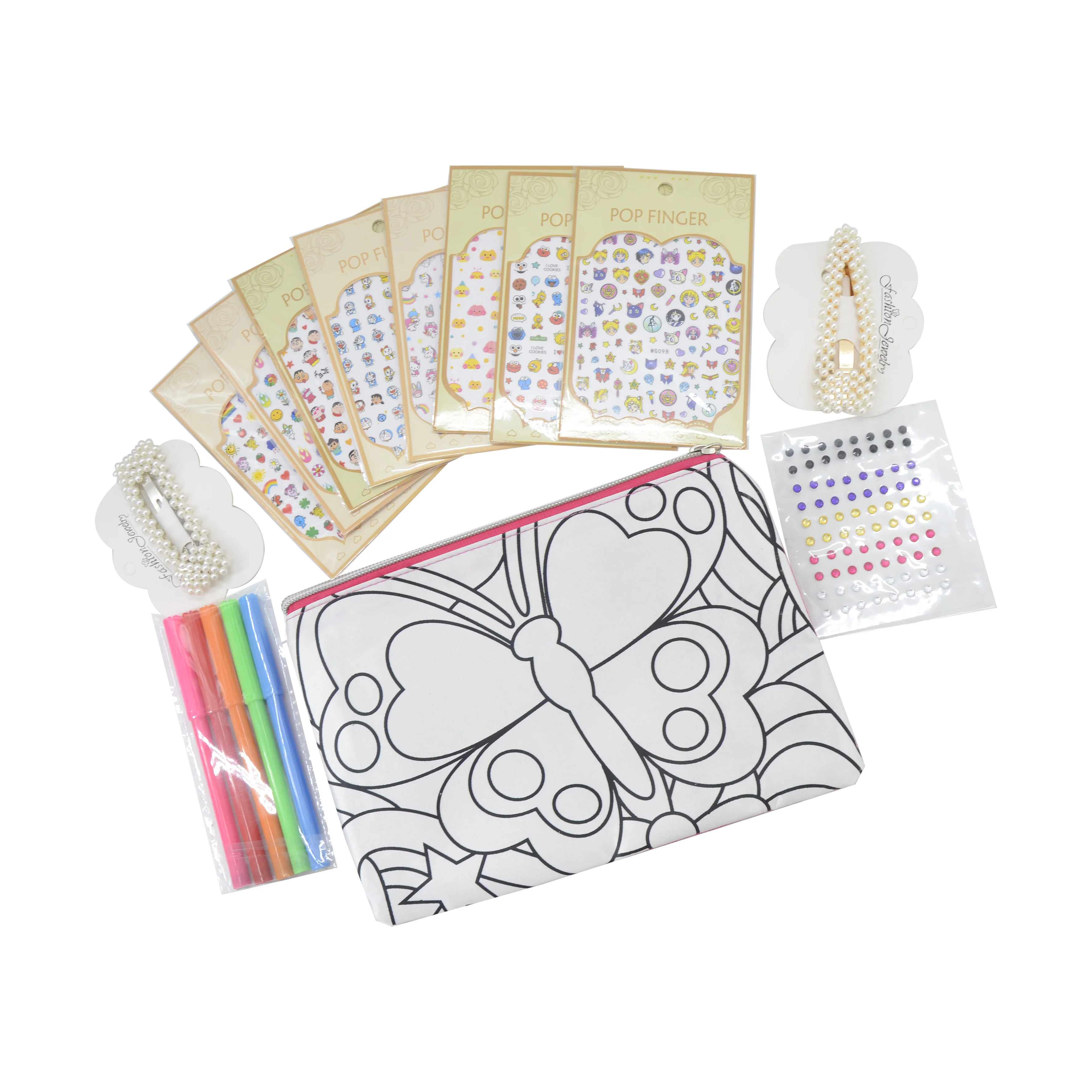 

14pcs Children DIY Graffiti Bag finger nail Stickers and pearl hairpin with stone sticker Kid Art craft Educational Gift ZXH